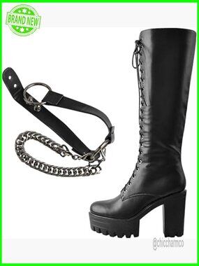 Lace Up Platform Chunky High Heel Combat Knee High Boots with Buckle Chains